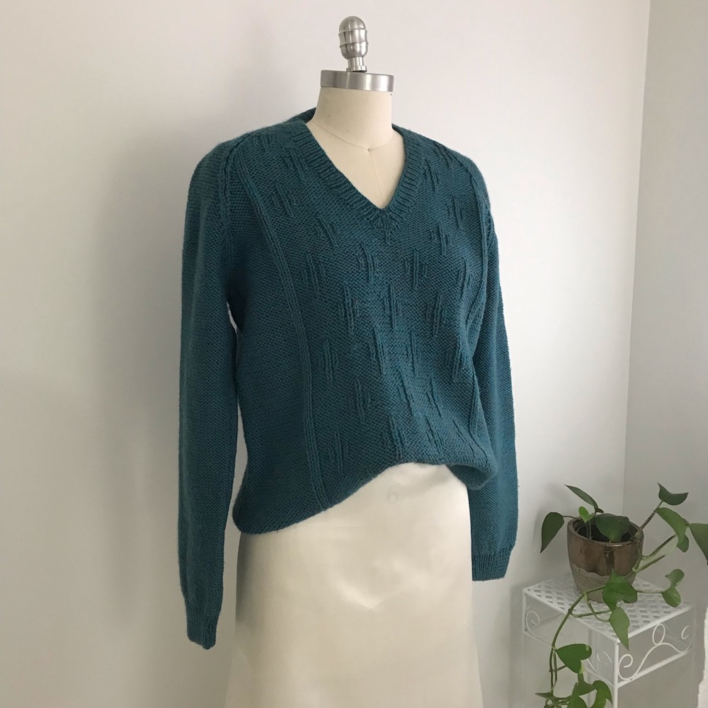 Vintage Teal Blue Wool Vneck Jumper Sweater